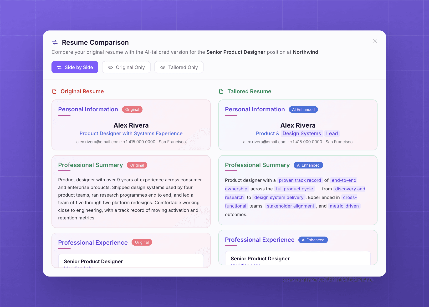 Side-by-side comparison of an original resume and the AI-tailored version for a Senior Product Designer role